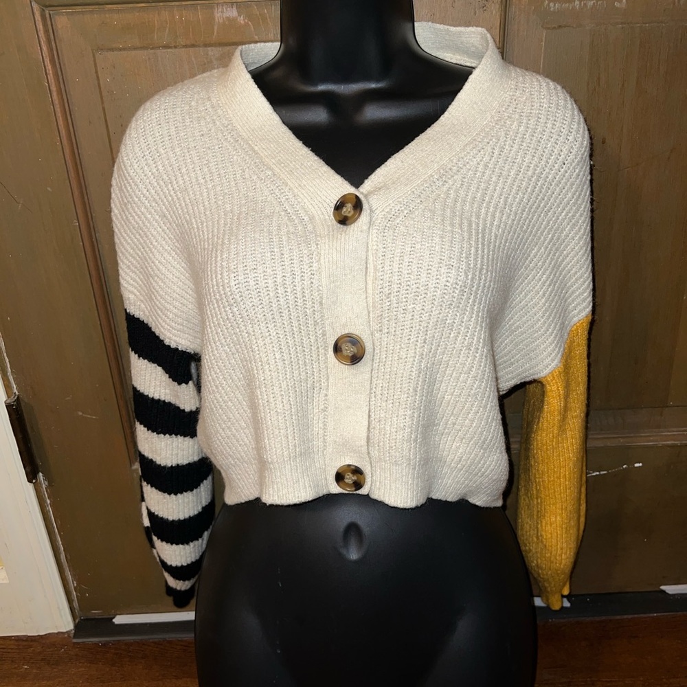 Urban Outfitters Piper Cream Slouchy Balloon Sleeve Gold Black Cardigan Size XS - Picture 6 of 14